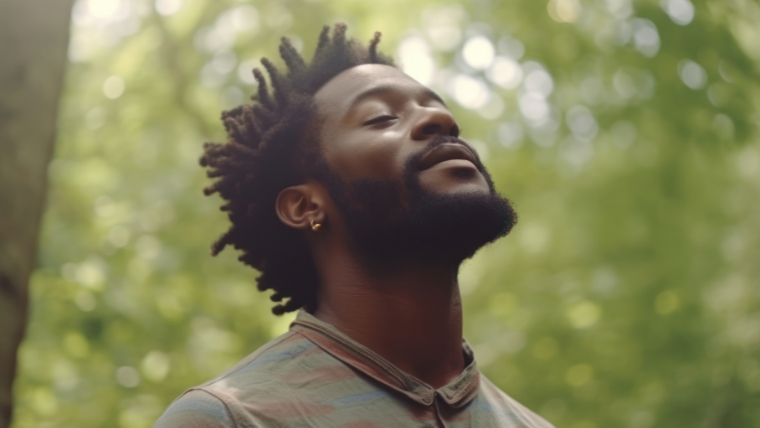 Happy young man breathing deep with a green forest in the background | Esketamine and Brain Plasticity: Is It More Than Just an Antidepressant? | Mindful Health Solutions